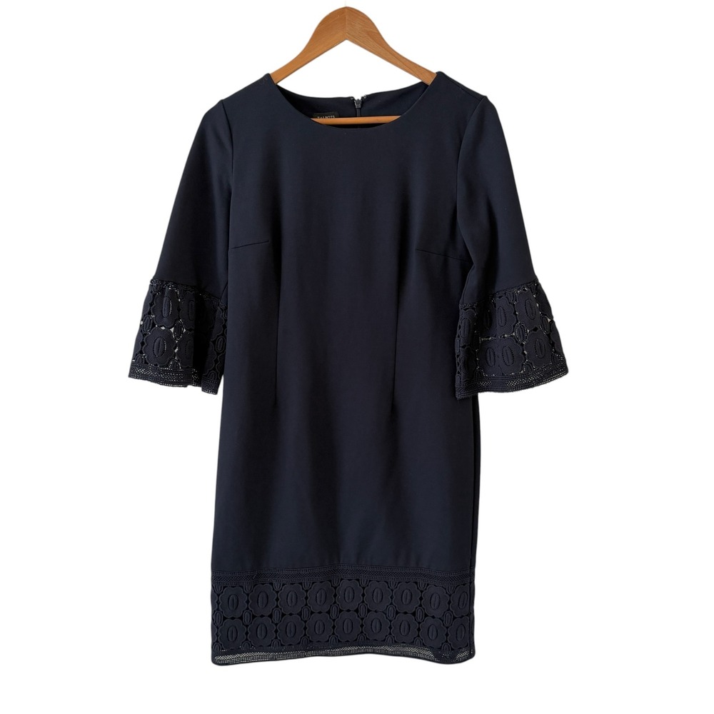 Talbots Shift Dress Womens 6 Navy Lace Trim Bell Sleeve Classic Old Money Career